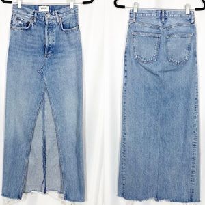 AGOLDE 90’s Pinch Waist Denim Jean Midi Skirt Split Front Raw Hem High Rise